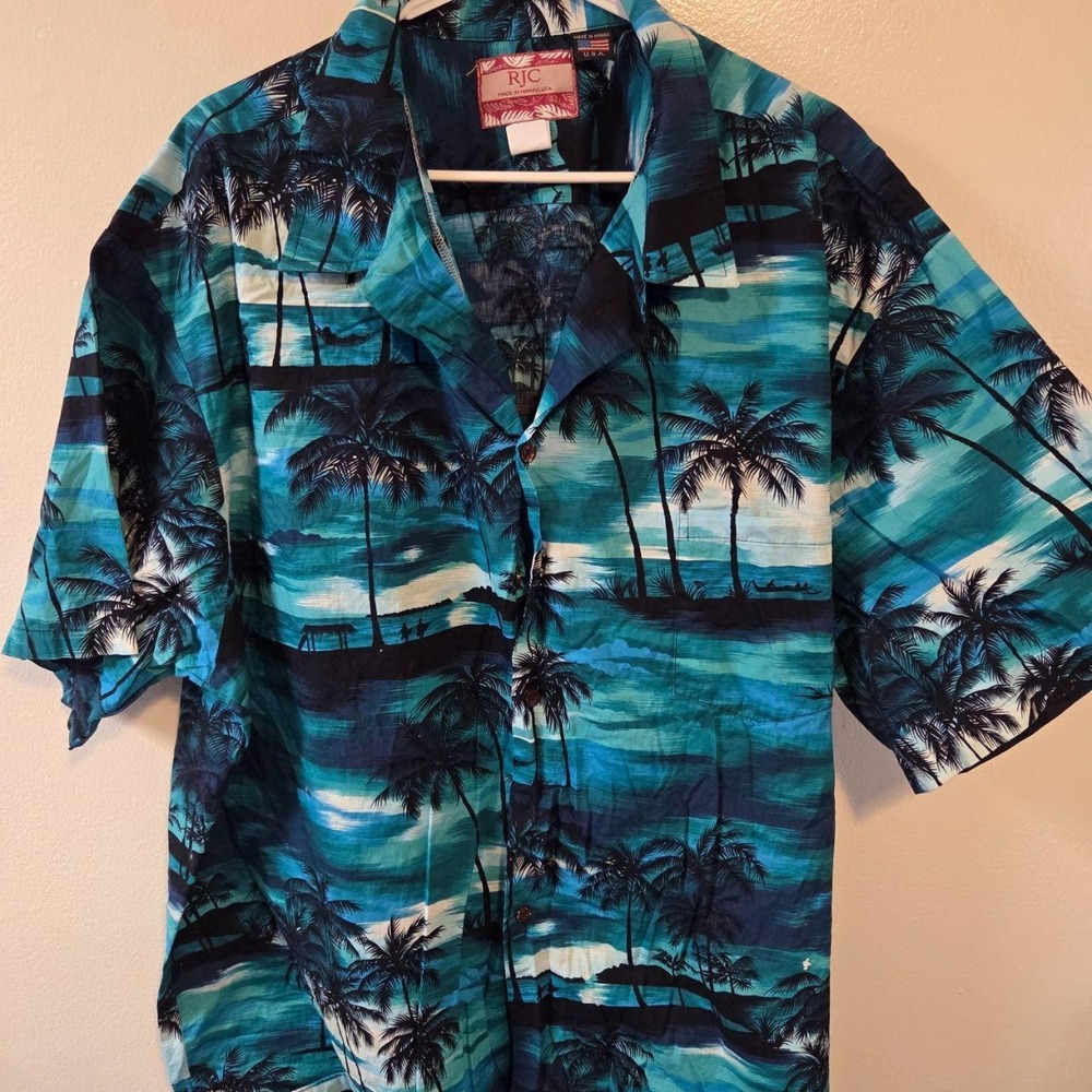 RJC Hawaiian Shirt Mens 4X Blue Tealโ Palm Tree Tropical Island Beach Aloha Made